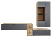 Moderne wandcombinatie van hout en grijs materiaal, bestaande uit een hoge kast met glazen elementen en twee lage kasten. Vooraanzicht.