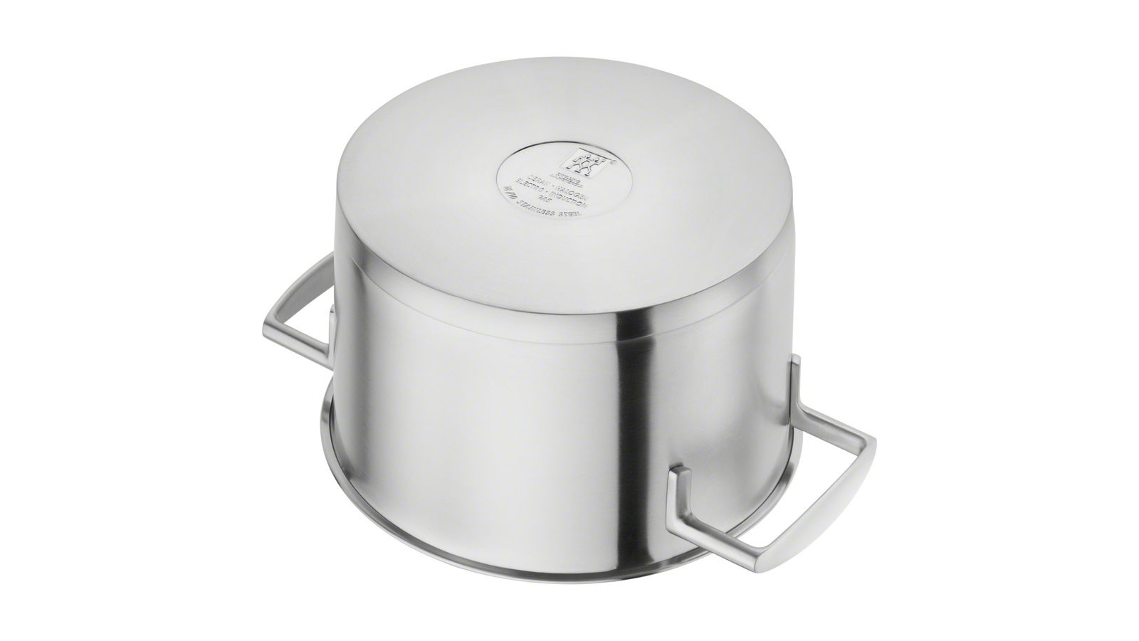 Topf aus Edelstahl, Ansicht von unten mit sichtbarem Bodenstempel und zwei Griffen.