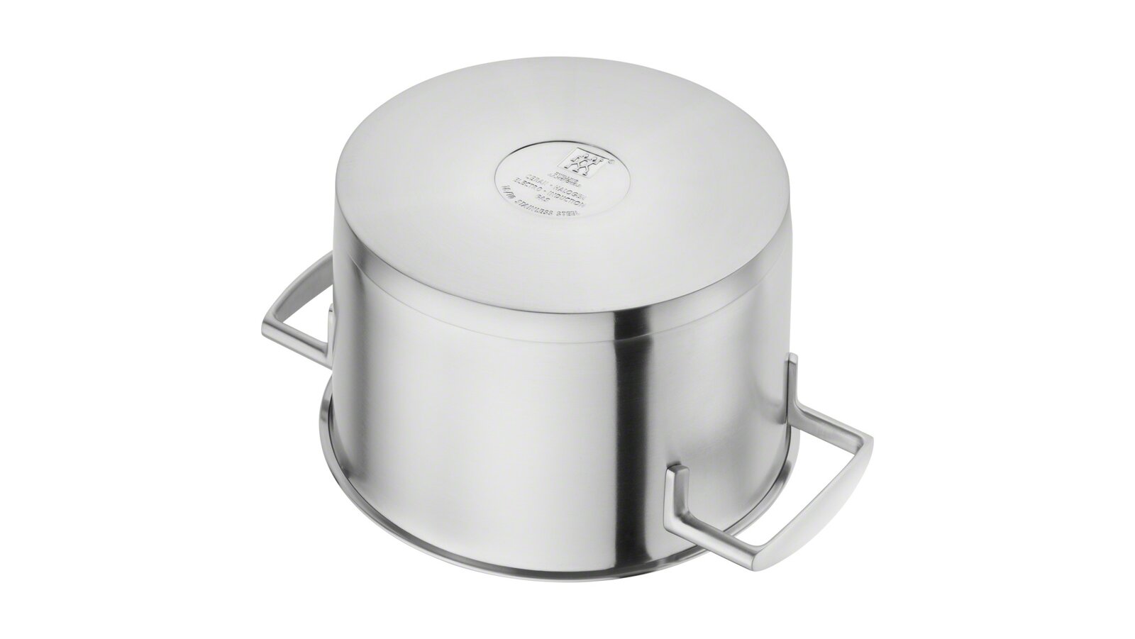 Topf aus Edelstahl, Ansicht von unten mit sichtbarem Bodenstempel und zwei Griffen.