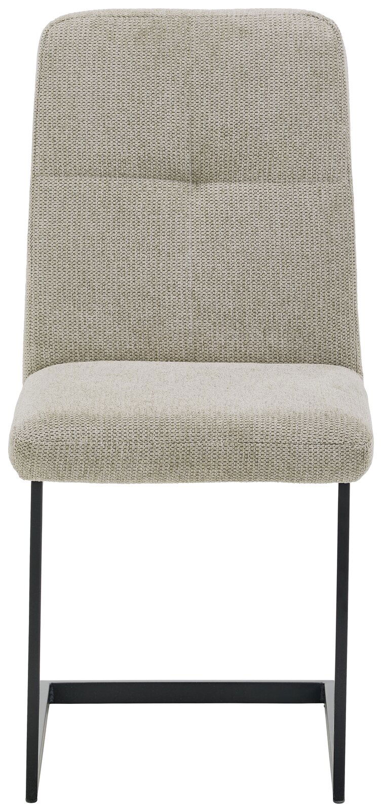 Moderner Schwingstuhl mit hellgrauem Stoffbezug und schwarzem Metallgestell, Frontalansicht.