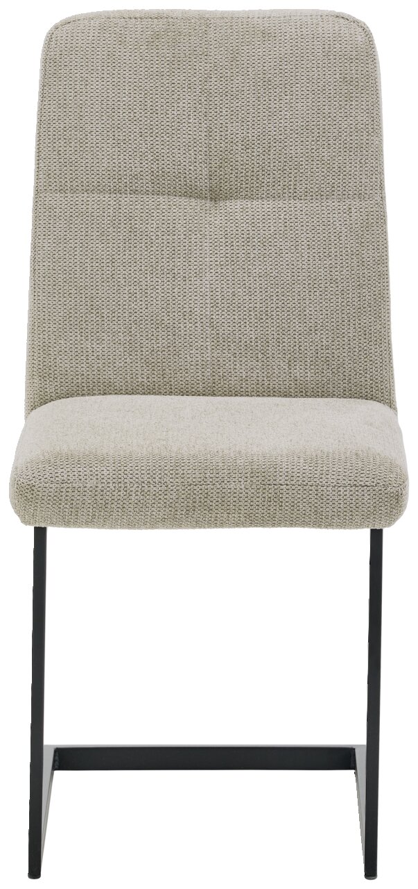 Moderner Schwingstuhl mit hellgrauem Stoffbezug und schwarzem Metallgestell, Frontalansicht.