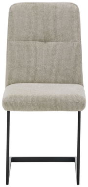 Moderner Schwingstuhl mit hellgrauem Stoffbezug und schwarzem Metallgestell, Frontalansicht.