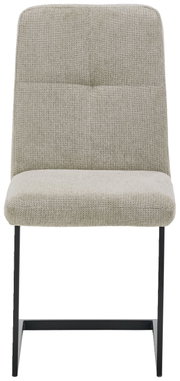 Moderne schommelstoel met lichtgrijze stoffen bekleding en een zwart metalen frame, gezien van voren.