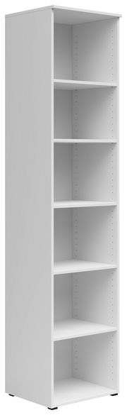 Weißes Regal mit sechs offenen Fächern, seitliche Perspektive