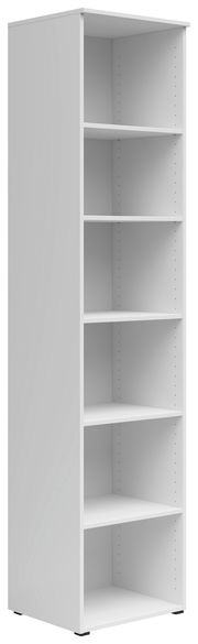 Weißes Regal mit sechs offenen Fächern, seitliche Perspektive