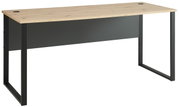 Moderner Schreibtisch mit Holzplatte und schwarzem Metallgestell, seitliche Perspektive