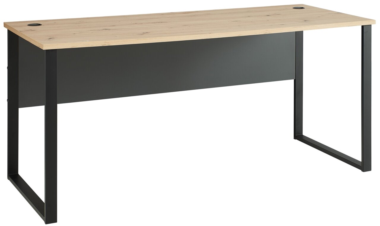 Moderner Schreibtisch mit Holzplatte und schwarzem Metallgestell, seitliche Perspektive