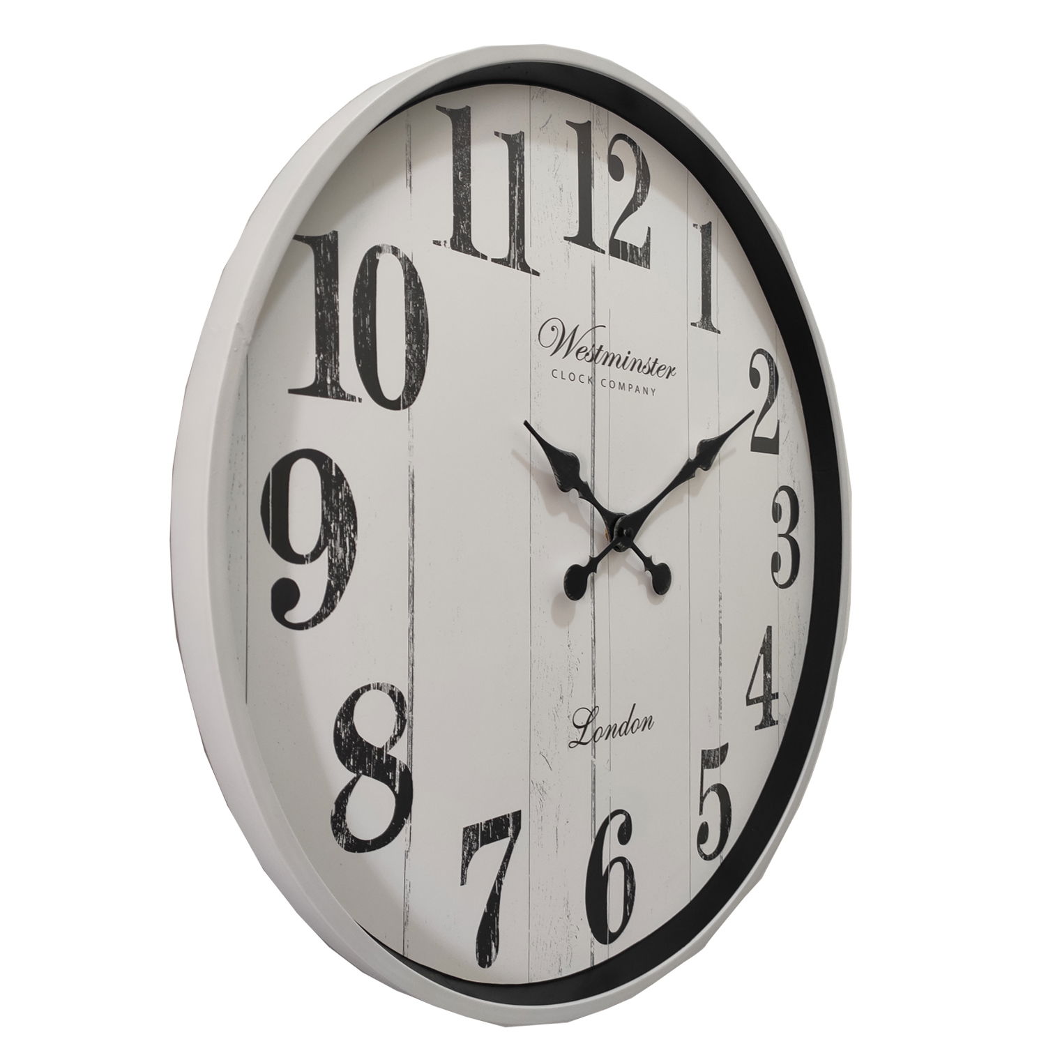 Wanduhr mit großem Ziffernblatt und schwarzen Zahlen, seitliche Perspektive