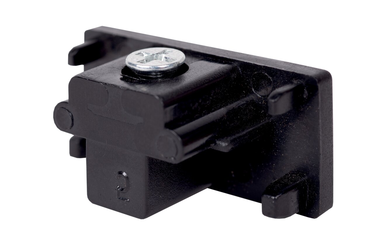 Nahaufnahme eines schwarzen Verbindungselements für ein Schienensystem, seitliche Perspektive