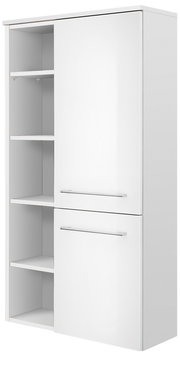 Weißer Midischrank mit offenen und geschlossenen Fächern, seitliche Perspektive