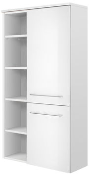 Weißer Midischrank mit offenen und geschlossenen Fächern, seitliche Perspektive