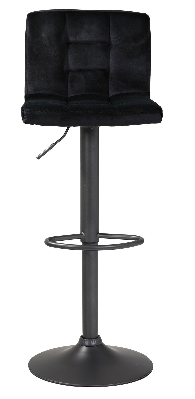 Schwarzer Barhocker mit gepolsterter Rückenlehne und verstellbarer Sitzhöhe, Frontalansicht