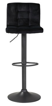 Schwarzer Barhocker mit gepolsterter Rückenlehne und verstellbarer Sitzhöhe, Frontalansicht