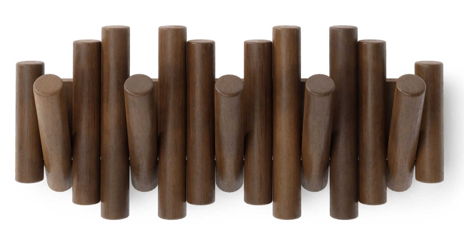 Frontale Ansicht der Umbra Wandgarderobe PICKET aus Holz mit mehreren vertikalen Haken.