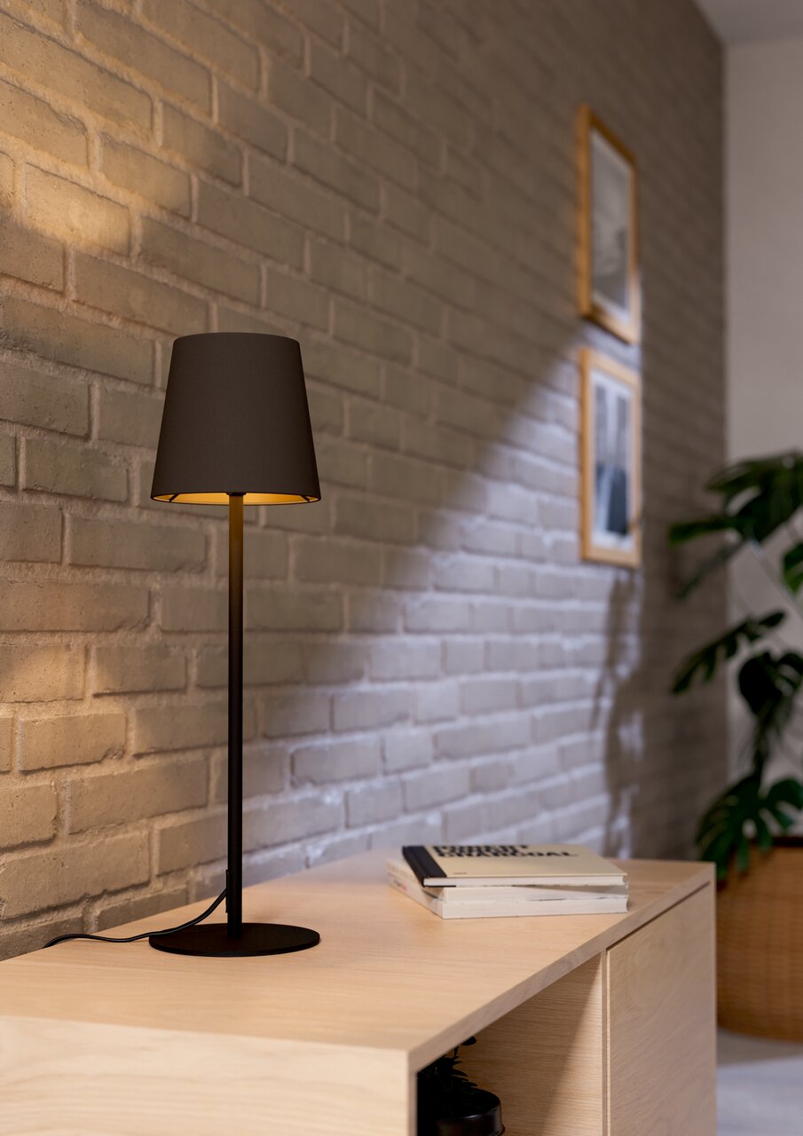 Eglo Leuchten Tischleuchte FIORANA Moderne Tischleuchte FIORANA in schwarzem Design auf einem Holzschrank, seitliche Perspektive.