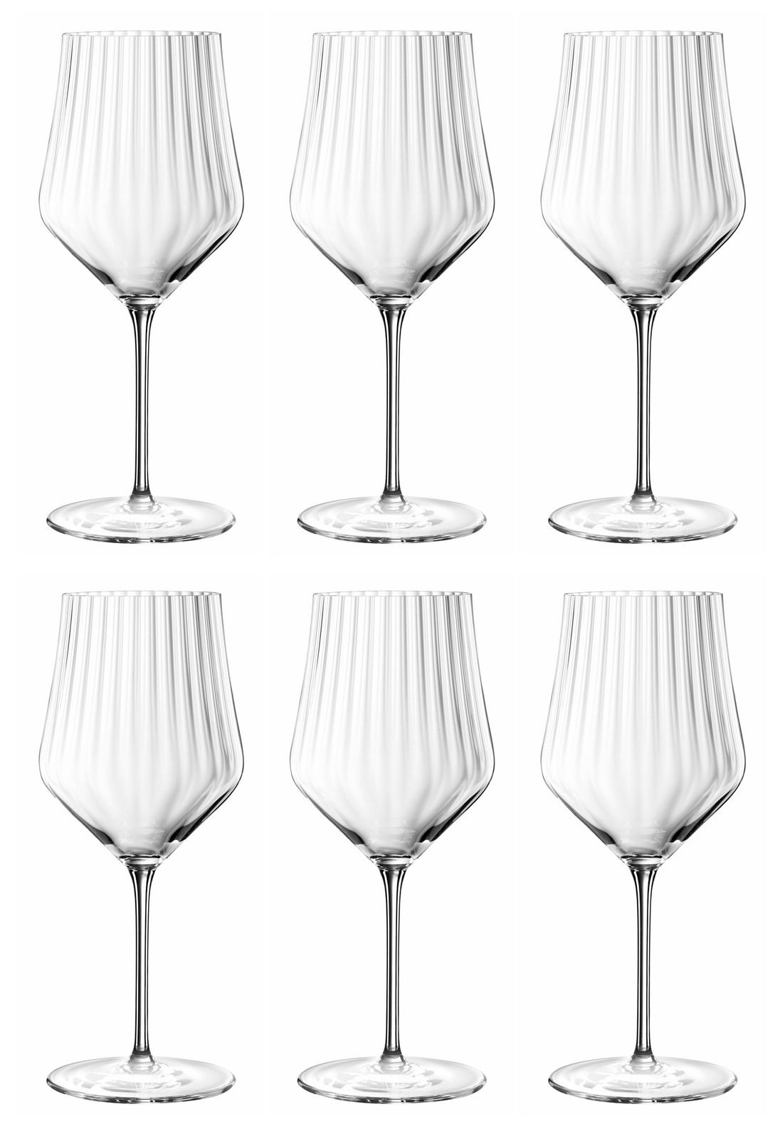 Sechs elegante Spritz- und Rotweingläser mit geriffeltem Design, frontal abgebildet.