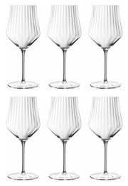 Sechs elegante Spritz- und Rotweingläser mit geriffeltem Design, frontal abgebildet.