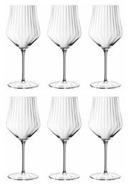 Sechs elegante Spritz- und Rotweingläser mit geriffeltem Design, frontal abgebildet.