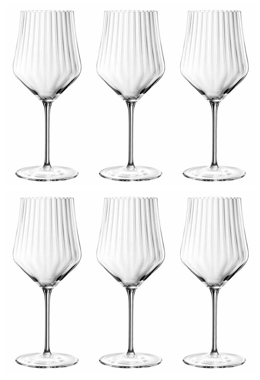 Sechs elegante Spritz- und Rotweingläser mit geriffeltem Design, frontal abgebildet.