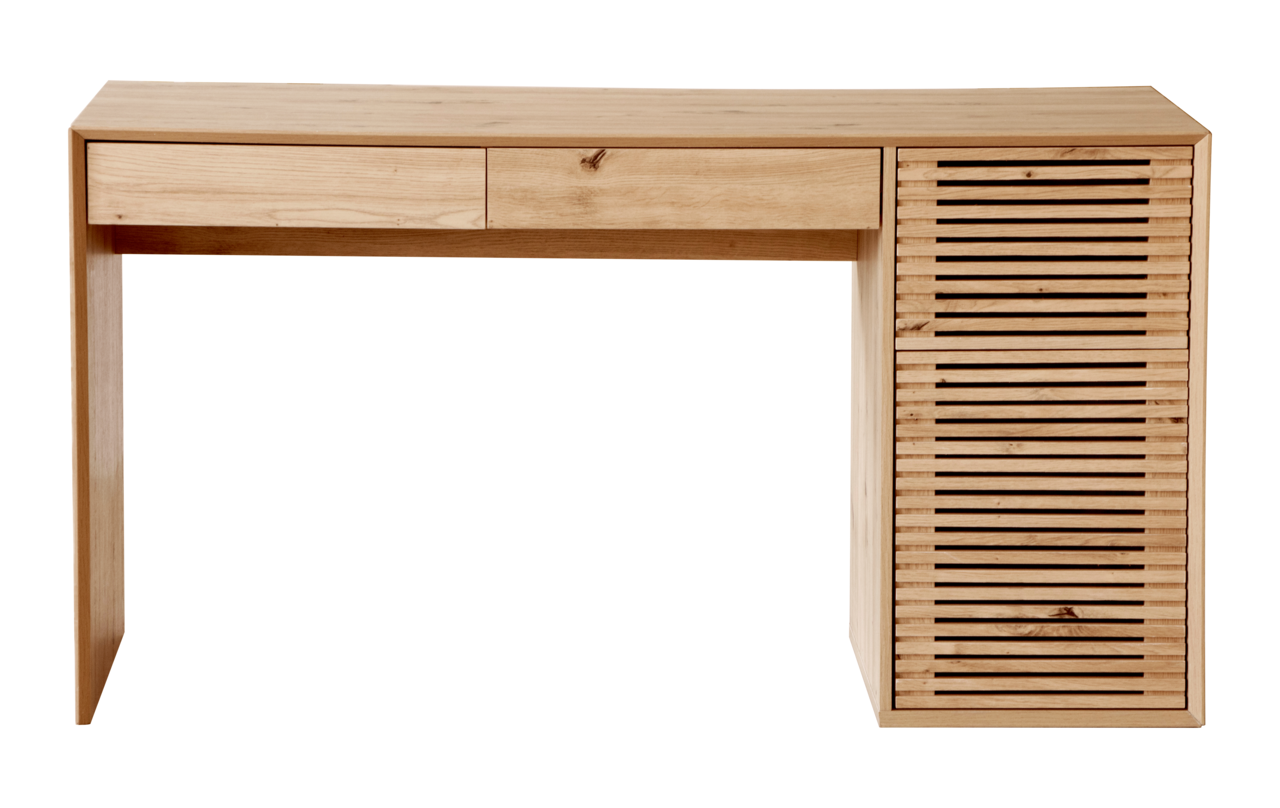 Moderner Schreibtisch aus Holz mit zwei Schubladen und einem seitlichen Schrank, Frontalansicht