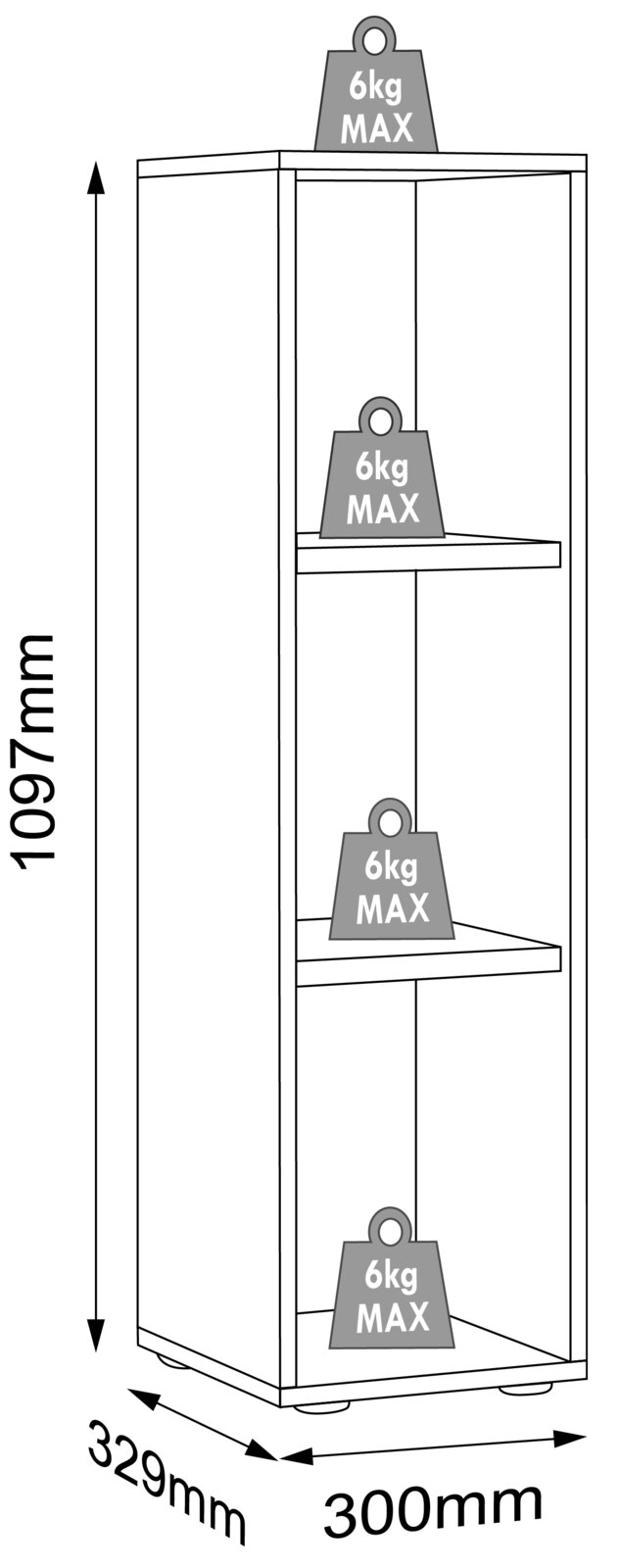 Schmales, offenes Standregal mit drei Ablageflächen, Höhe 1097 mm, Breite 300 mm, Tiefe 329 mm, je Boden max. 6 kg Tragkraft, dargestellt in schräger Frontansicht.