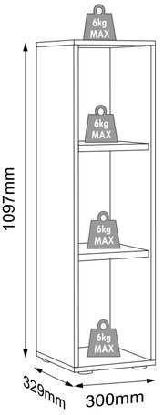 Schmales, offenes Standregal mit drei Ablageflächen, Höhe 1097 mm, Breite 300 mm, Tiefe 329 mm, je Boden max. 6 kg Tragkraft, dargestellt in schräger Frontansicht.