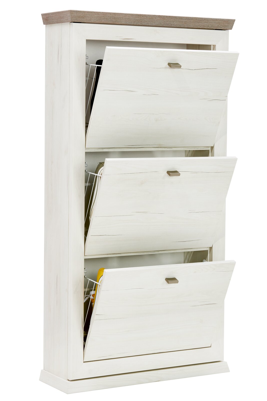 Schuhkipper aus hellem Holz mit drei offenen Klappen, seitliche Perspektive