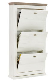 Schuhkipper aus hellem Holz mit drei offenen Klappen, seitliche Perspektive