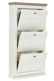 Schuhkipper aus hellem Holz mit drei offenen Klappen, seitliche Perspektive