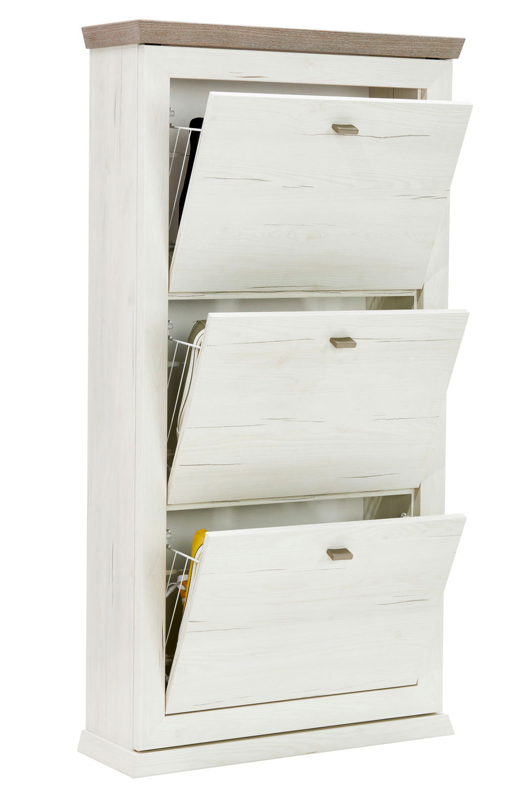 Schuhkipper aus hellem Holz mit drei offenen Klappen, seitliche Perspektive