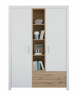 Frontansicht eines 2-türigen Drehtürenschranks mit offenen Regalfächern in der Mitte und zwei Schubladen unten, in Weiß und Holzoptik.