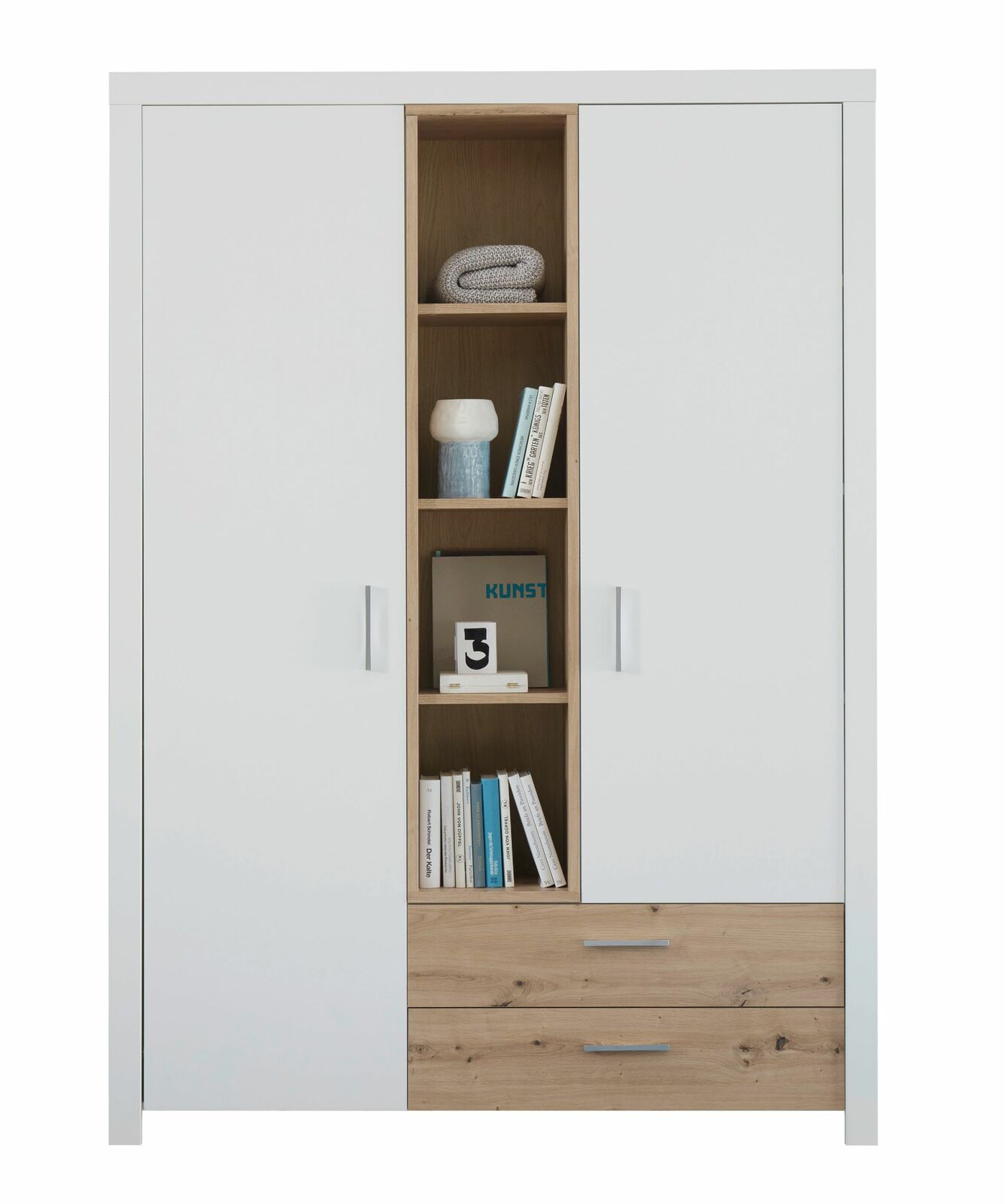 Frontansicht eines 2-türigen Drehtürenschranks mit offenen Regalfächern in der Mitte und zwei Schubladen unten, in Weiß und Holzoptik.