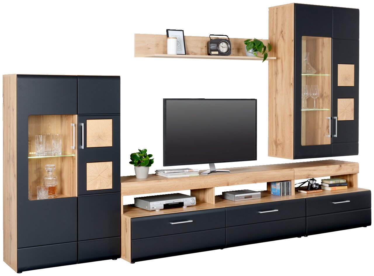 Moderne Wohnwand in Holzoptik mit schwarzen Elementen, bestehend aus mehreren Schränken und Regalen, frontal abgebildet.