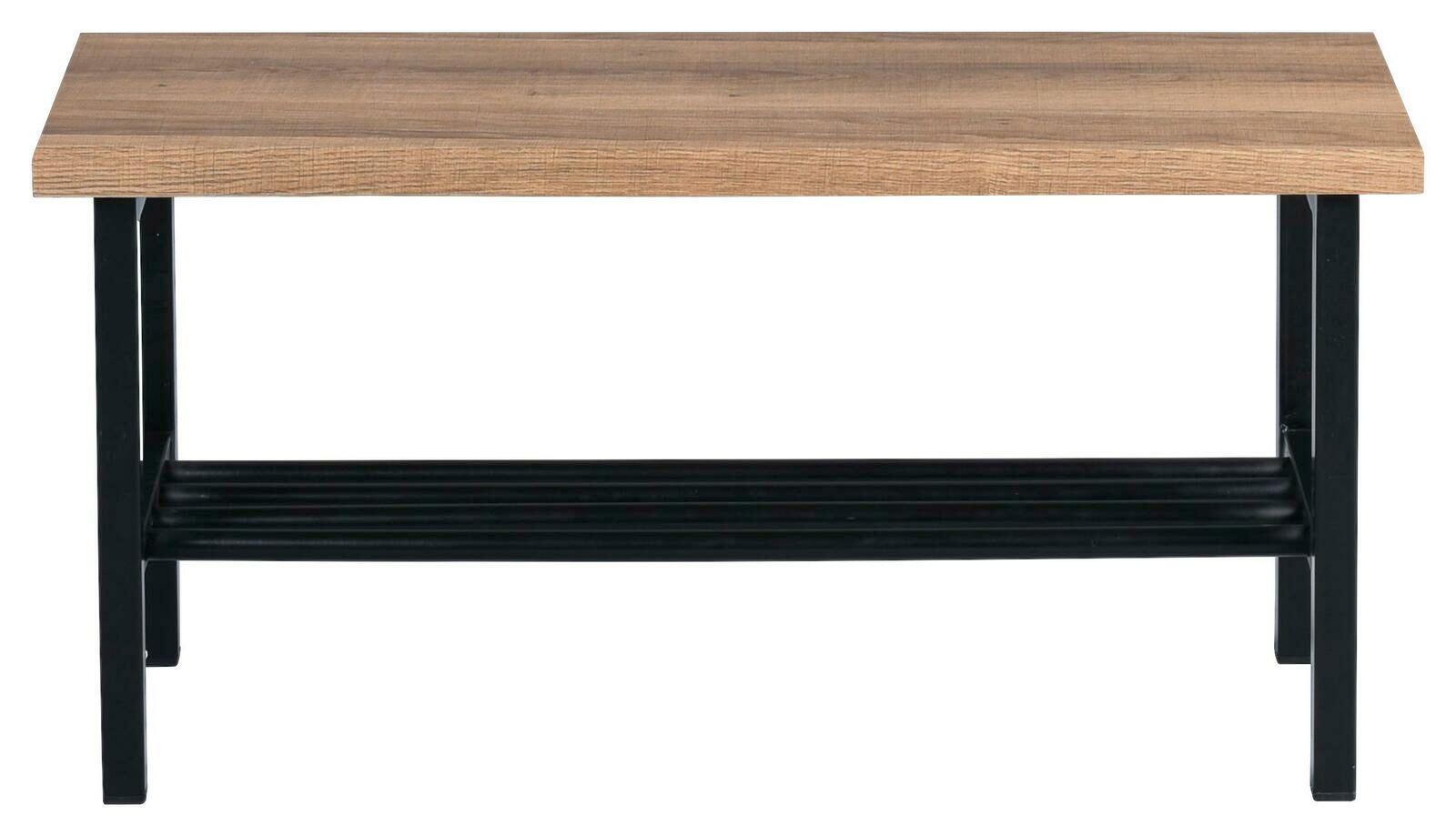 Garderobenbank aus Holz mit schwarzem Metallgestell, frontal fotografiert