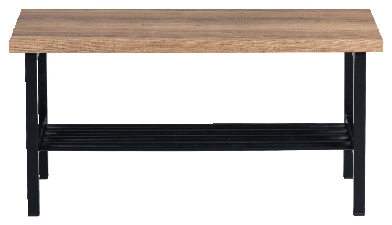Garderobenbank aus Holz mit schwarzem Metallgestell, frontal fotografiert