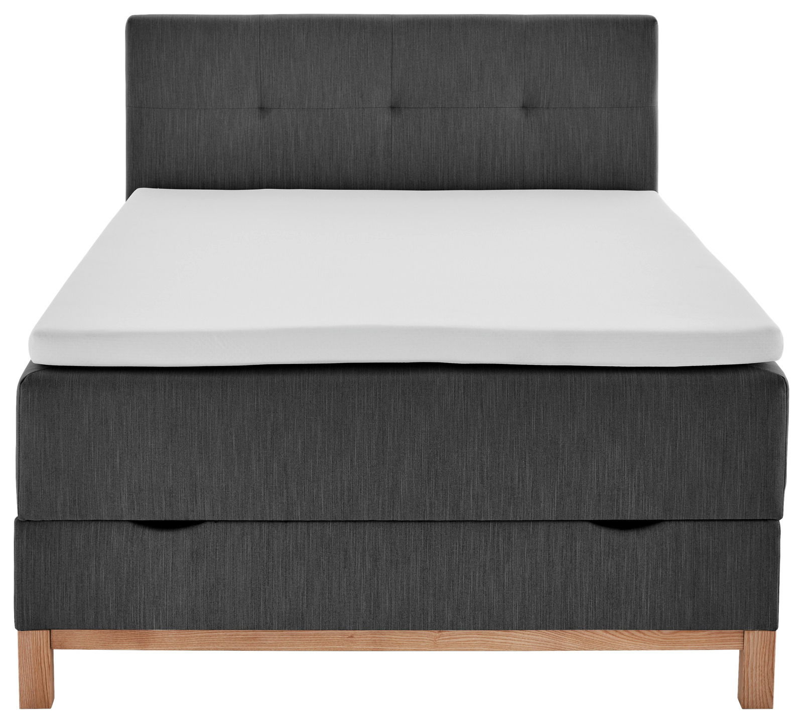 Frontale Ansicht eines modernen Boxspringbetts mit grauem Stoffbezug und hellem Holzfuß.