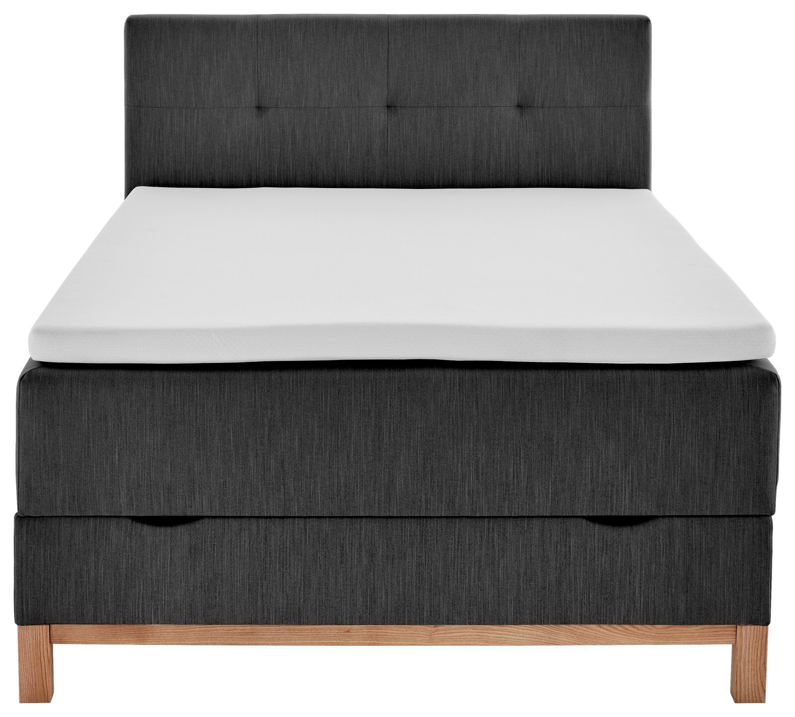 Frontale Ansicht eines modernen Boxspringbetts mit grauem Stoffbezug und hellem Holzfuß.