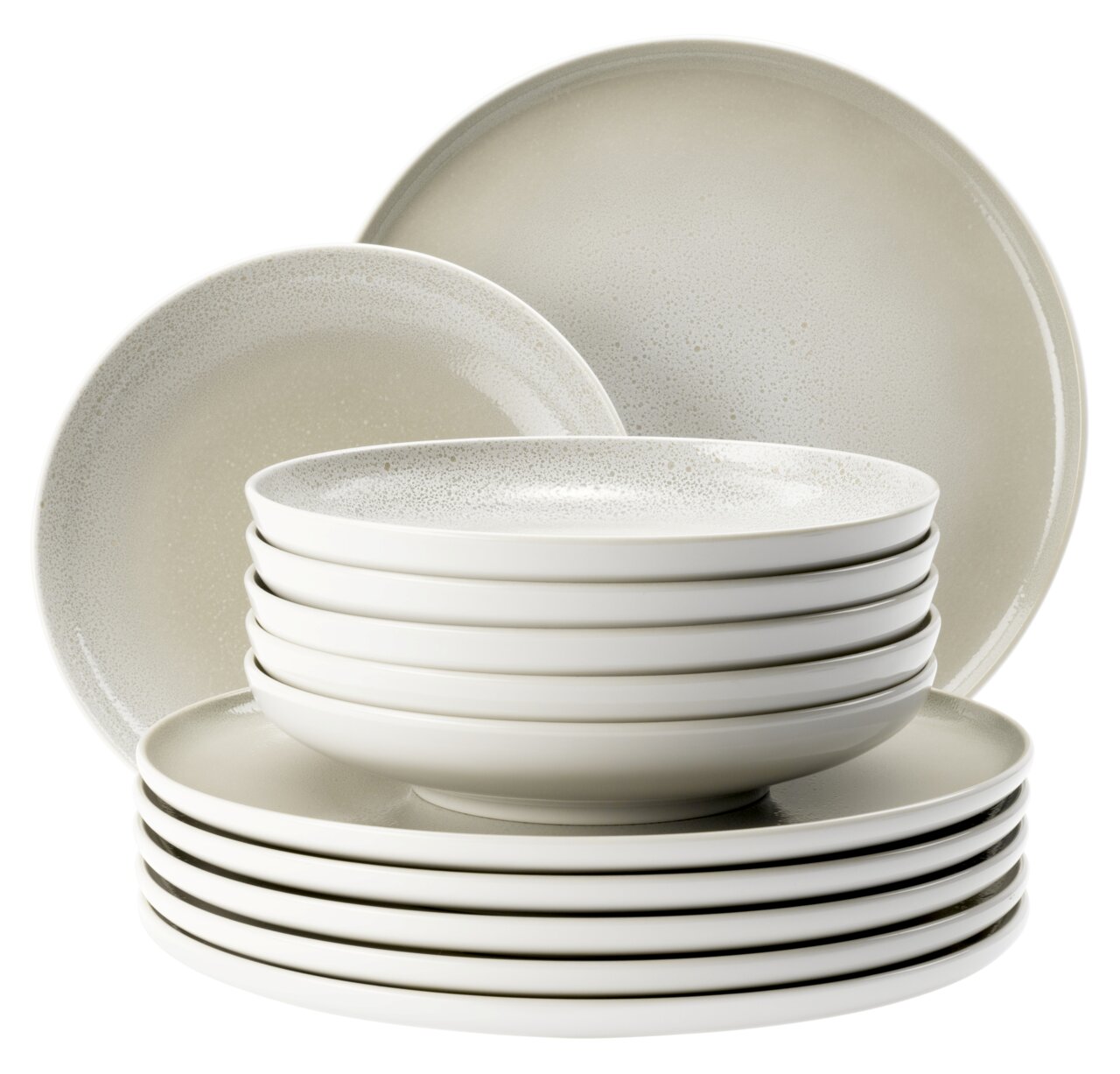 12-delig servies in zijaanzicht, bestaande uit gestapelde borden en schalen in neutrale kleuren.