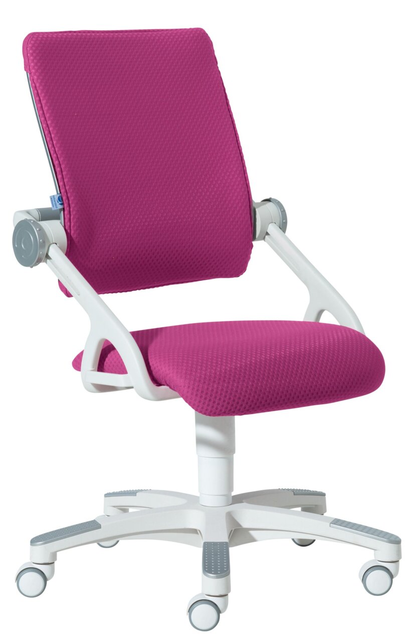 Moderner pinker Drehstuhl mit weißem Gestell, seitliche Perspektive