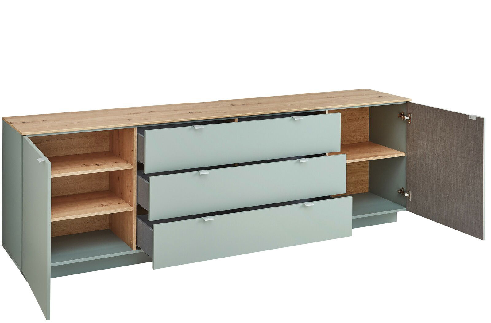 TV-Sideboard mit offenem Stauraum, drei Schubladen und zwei Türen, aus Holz und in hellem Grau, seitliche Perspektive