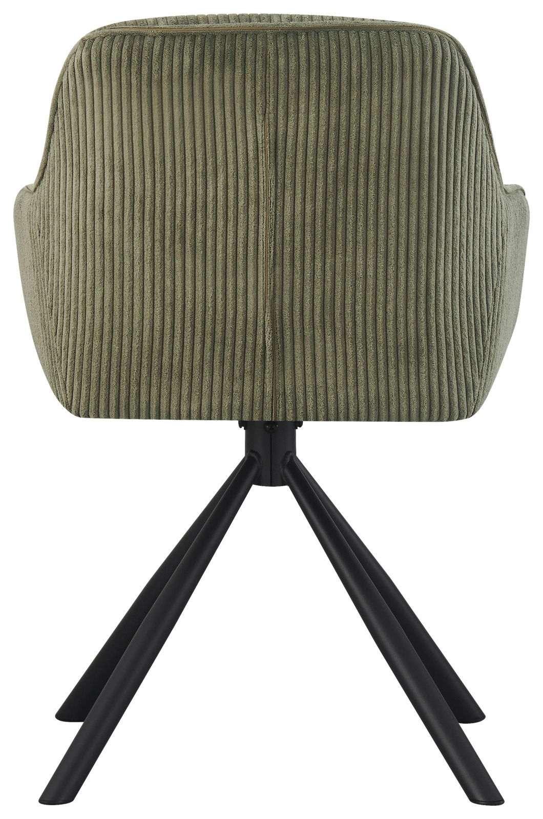Rückansicht eines grünen Armlehnstuhls mit geripptem Stoffbezug und schwarzen Metallbeinen.