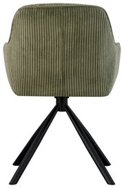 Rückansicht eines grünen Armlehnstuhls mit geripptem Stoffbezug und schwarzen Metallbeinen.