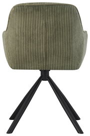 Rückansicht eines grünen Armlehnstuhls mit geripptem Stoffbezug und schwarzen Metallbeinen.