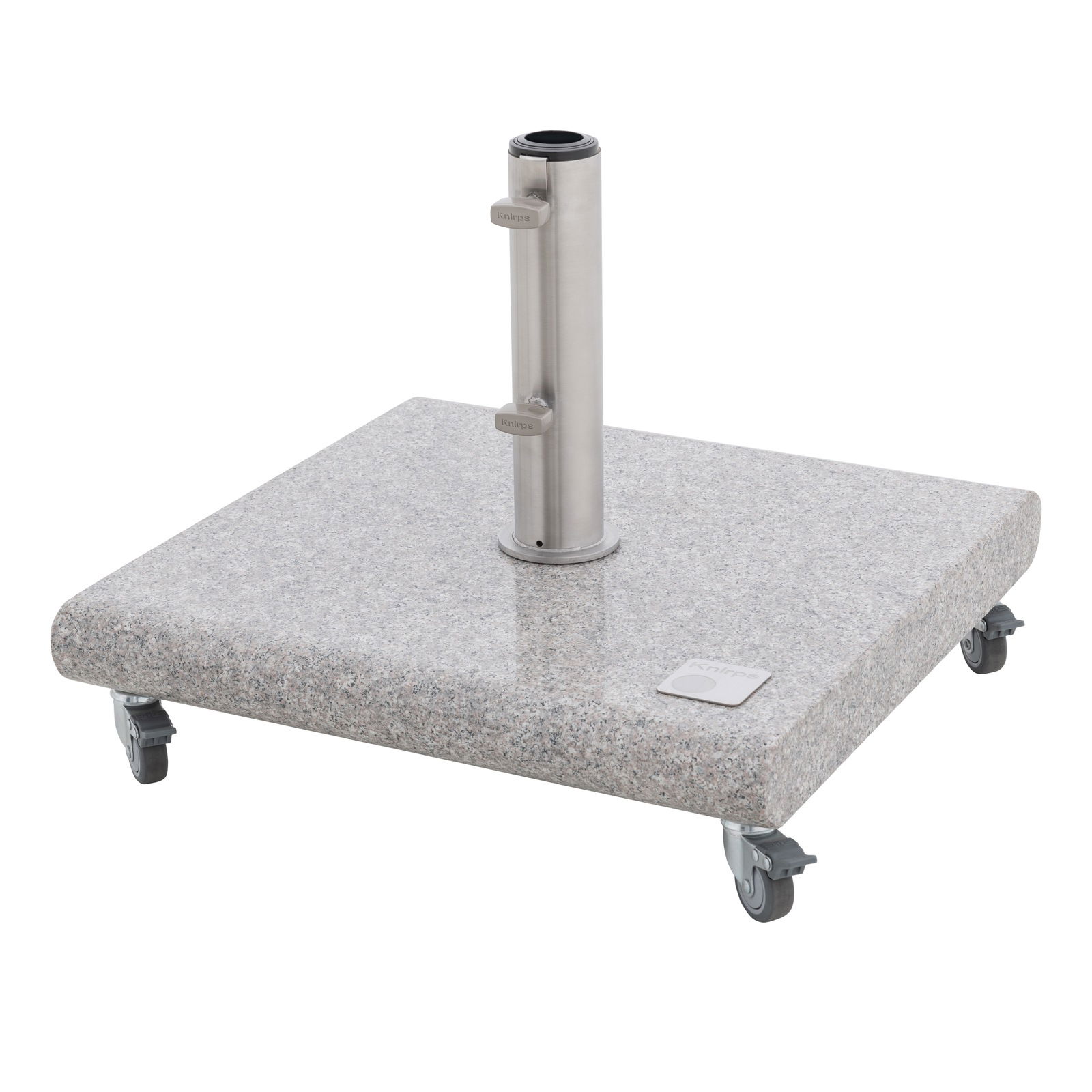 Granit-Sockel mit Edelstahlrohr und Rollen, seitliche Perspektive