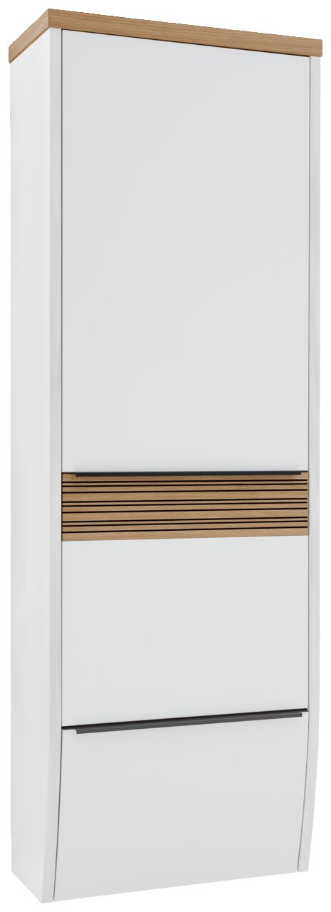 Moderner Hängegarderobenschrank in Weiß mit Holzdetails, Frontalansicht