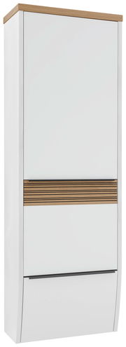 Moderner Hängegarderobenschrank in Weiß mit Holzdetails, Frontalansicht