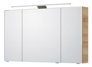 Moderner Spiegelschrank mit drei Türen und integrierter Beleuchtung, seitliche Holzoptik, Frontalansicht