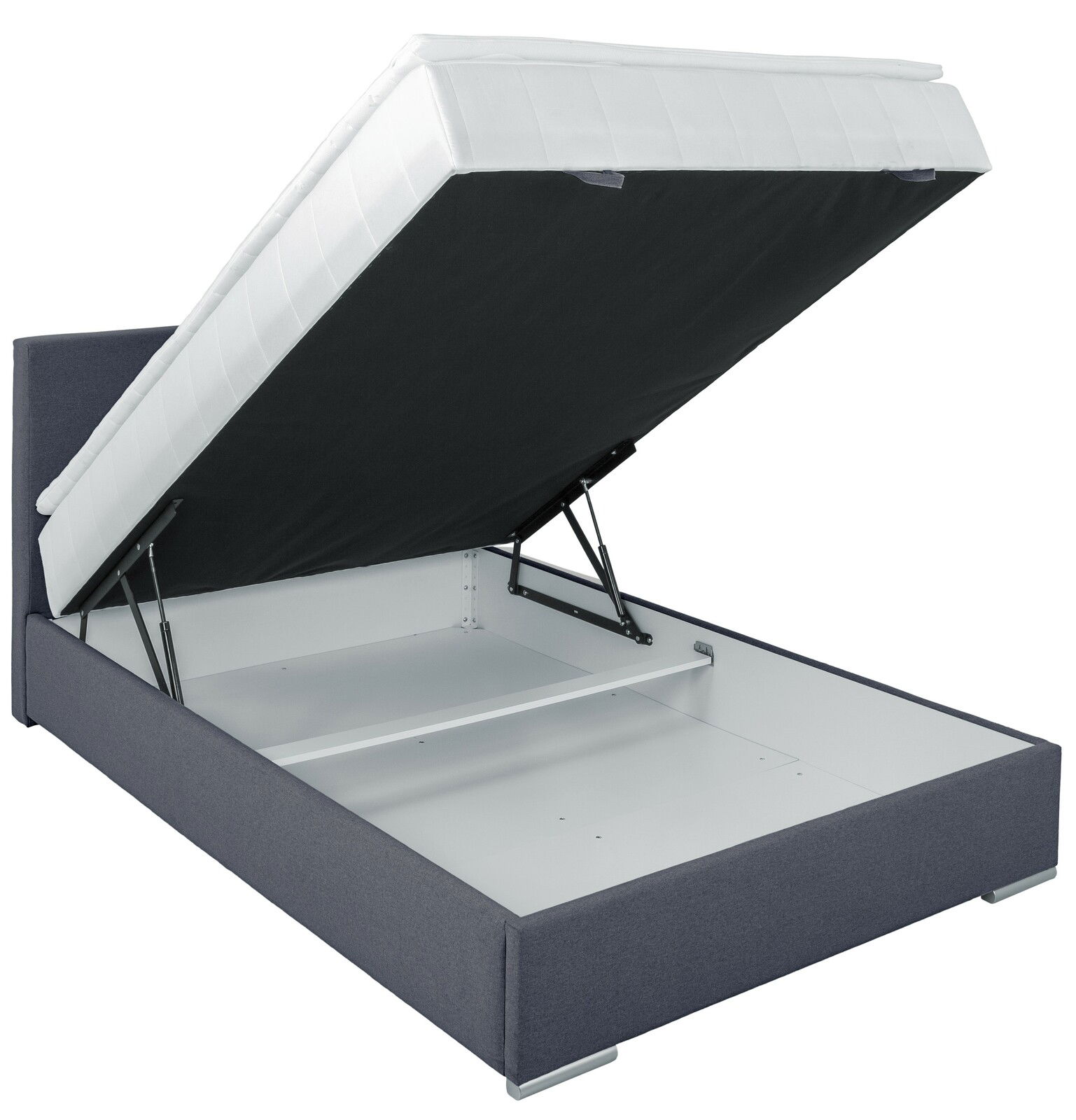 Boxbett 140 mit hochgeklappter Matratze und Stauraum, seitliche Perspektive