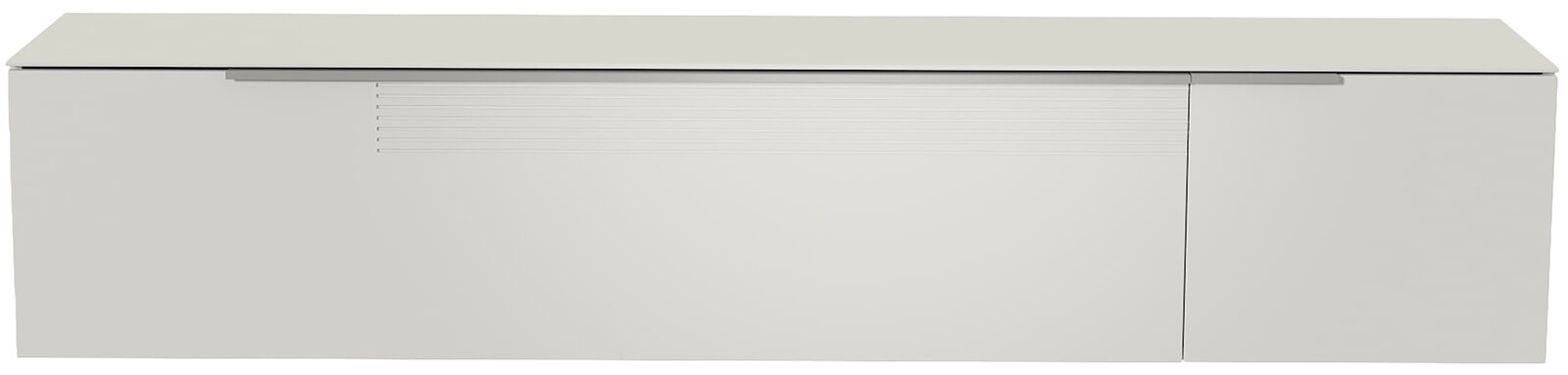 Frontansicht eines weißen XL Hänge-Lowboards mit glatter Oberfläche und minimalistischen Linien.