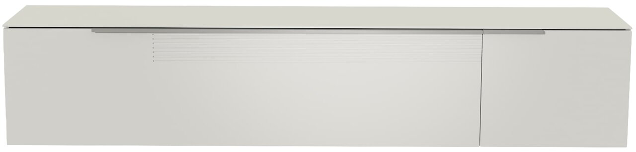 Vooraanzicht van een wit XL hangend lowboard met een glad oppervlak en minimalistische lijnen.